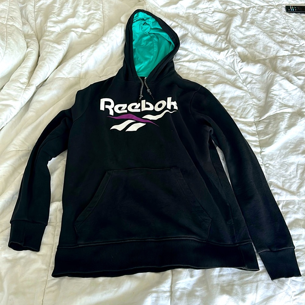 Reebok Men’s Logo Hoodie, men’s large, black with white, purple & turquoise